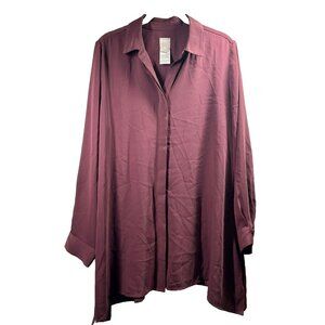 Chico's Tunic Blouse Top Size Medium  Burgundy Side Slits Long Sleeve Button Up